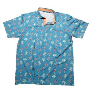 Devereux Polo Shirt Mens 2XL Blue Palm Tree Print Golf Stretch Performance